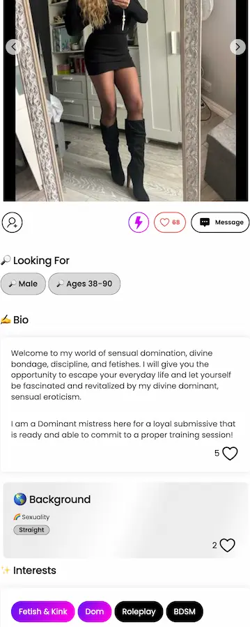 BDSM Connex Dominant Mistress profile example featuring sensual domination, divine bondage, and fetish interests