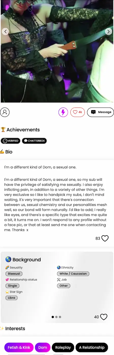 BDSM Connex dominant profile example showing a detailed Dom bio with specific interests, boundaries, and 83 likes