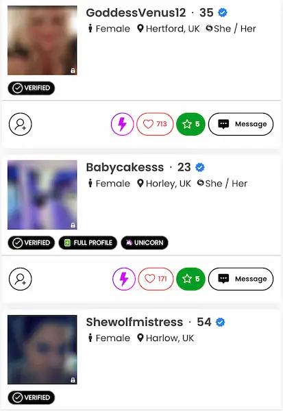 BDSM Connex profile listings showing verified members with likes, badges, and messaging options